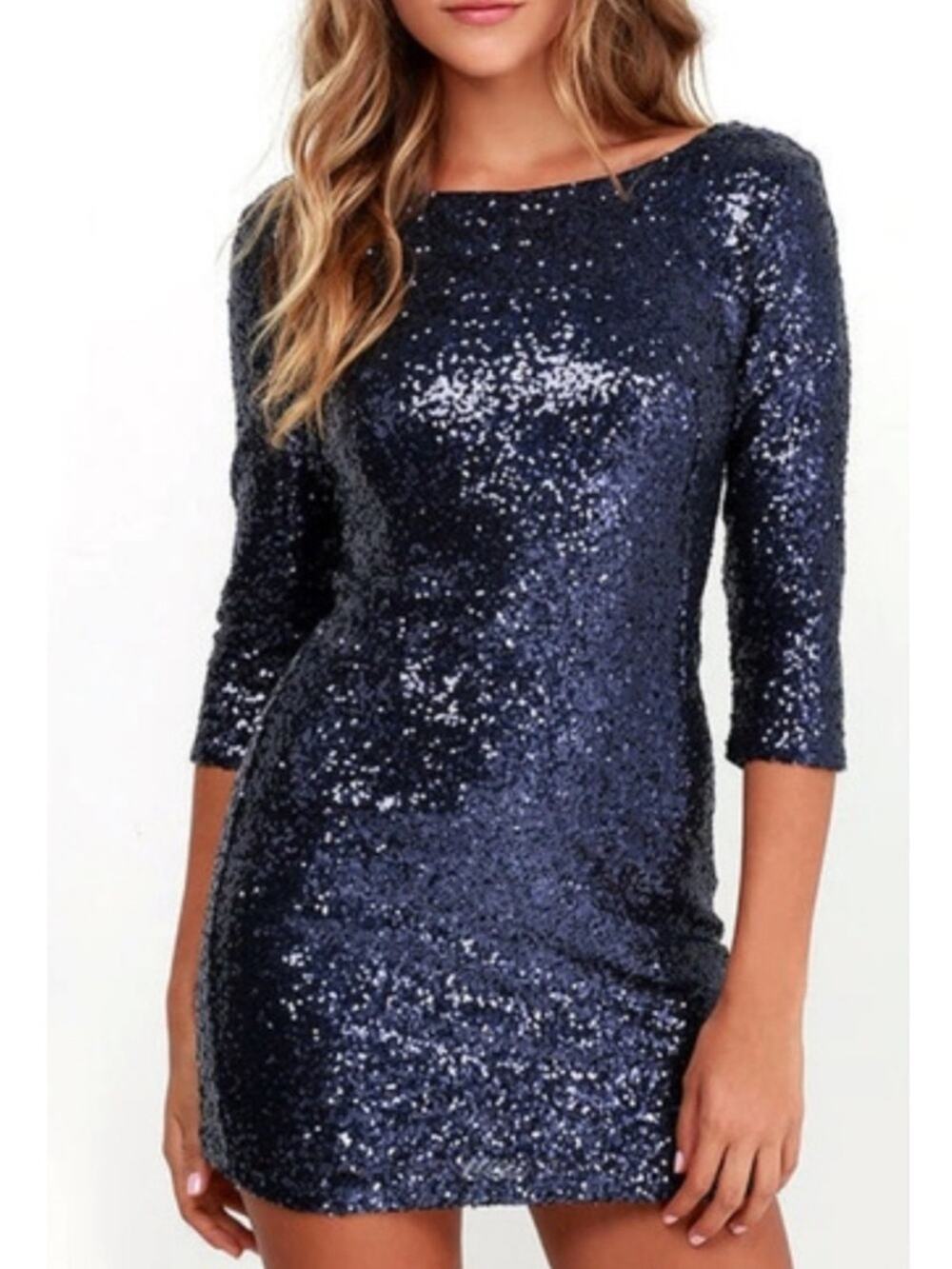 Lulus Navy Sequin Bodycon Mini Dress 3/4 Sleeve Open Back Medium